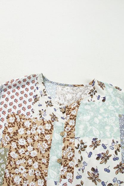Floral Patchwork Print Button Front Puff Sleeve Blouse