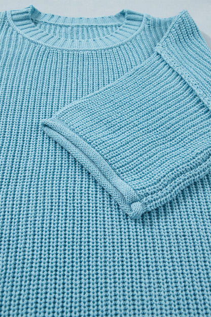 Mist Blue Waffle Knit Oversized Half Sleeve Sweater Top