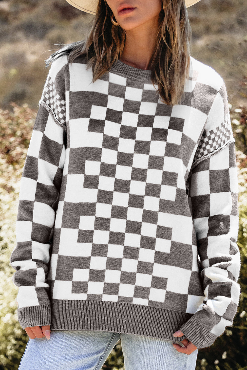Women’s Brown Checkerboard Drop Shoulder Sweater Top