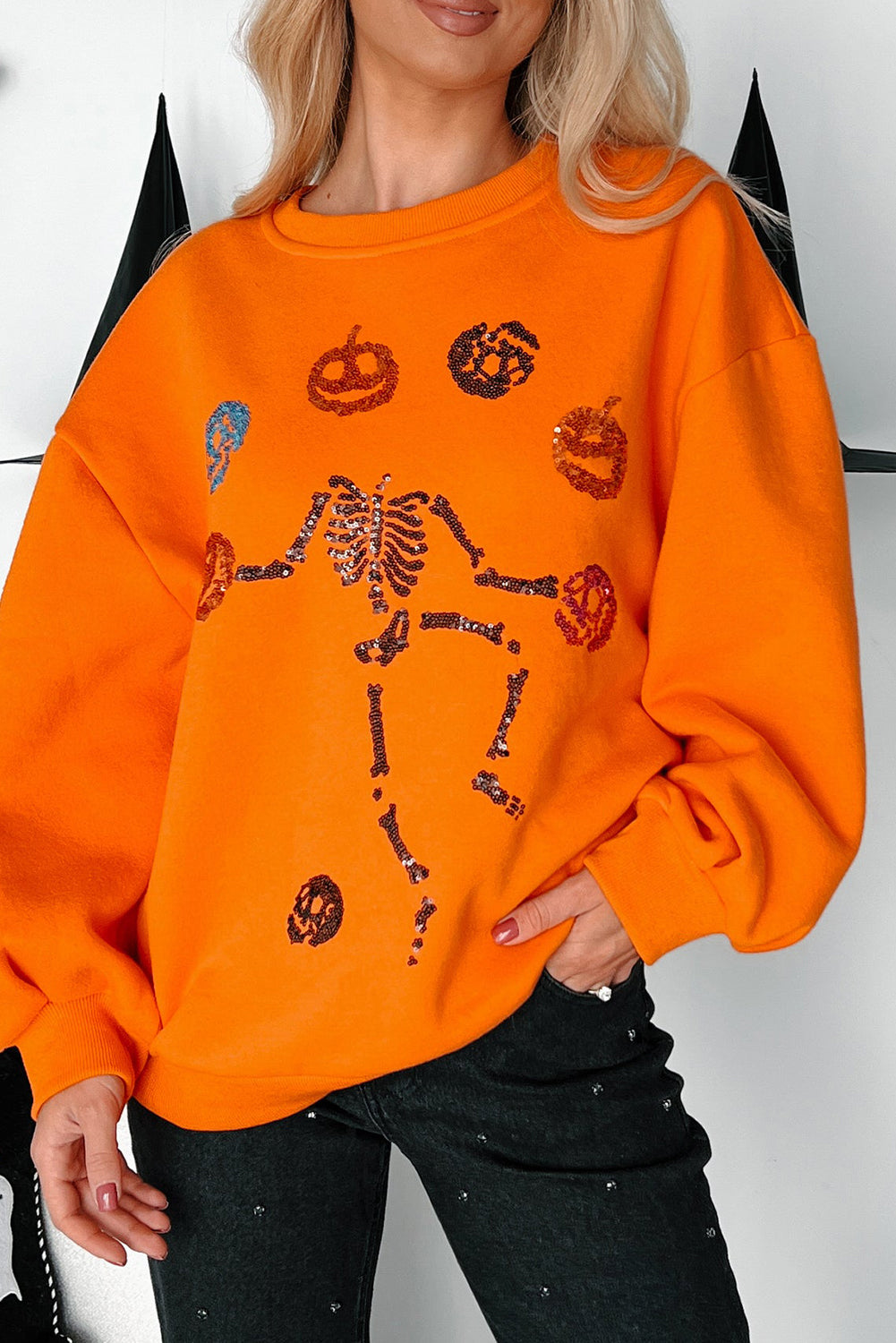 Sequin Skeleton Pumpkin Halloween Crewneck Sweatshirt