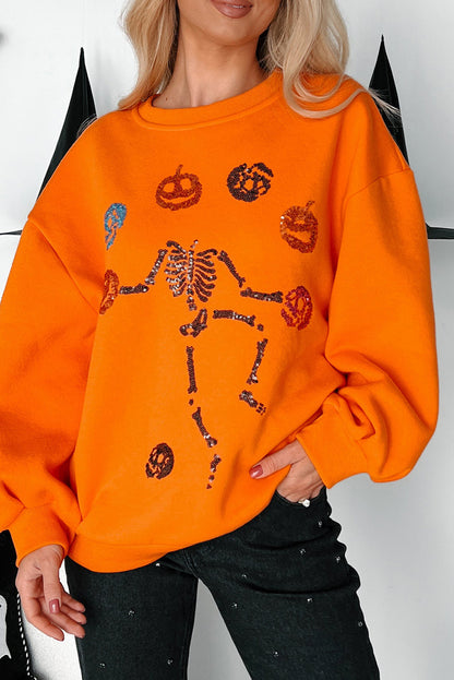 Sequin Skeleton Pumpkin Halloween Crewneck Sweatshirt