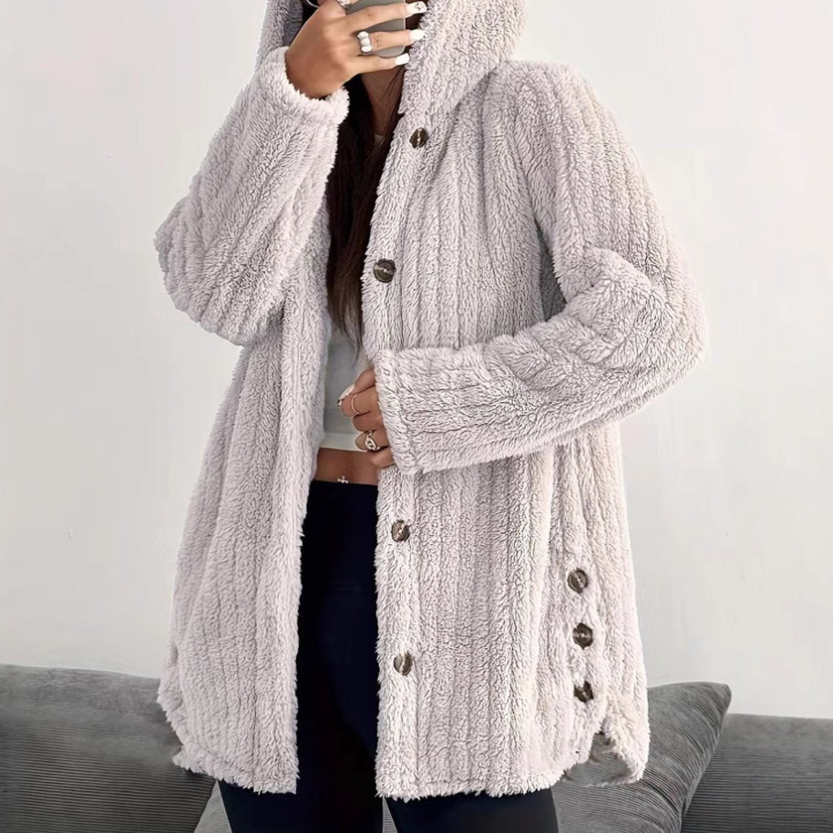 Women's Oversized Hooded Sherpa Jacket Button Front