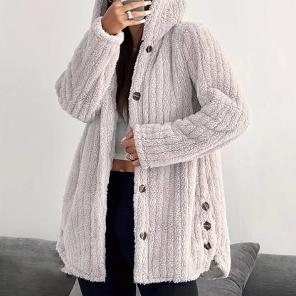 Women's Oversized Hooded Sherpa Jacket Button Front