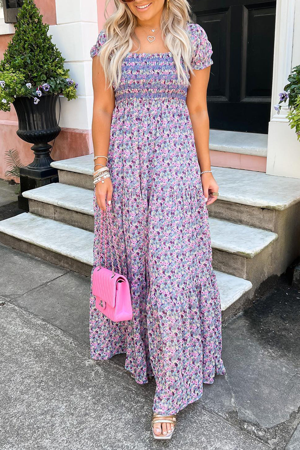 Purple Floral Off Shoulder Smocked Maxi Dress