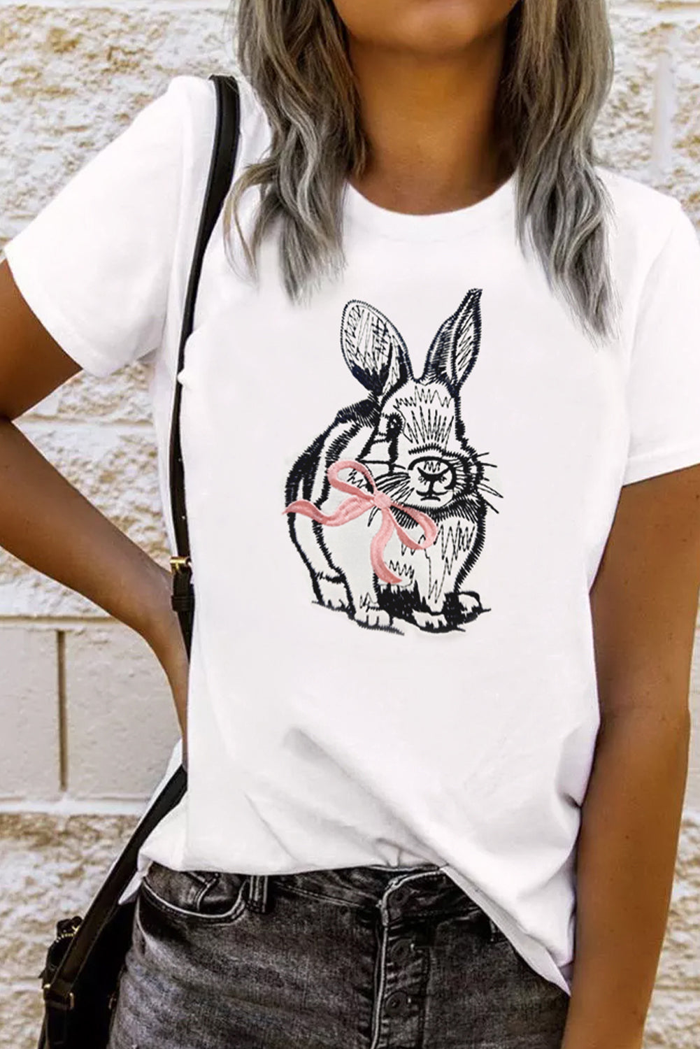 Easter Bunny Bow Embroidered White Casual Graphic Tee