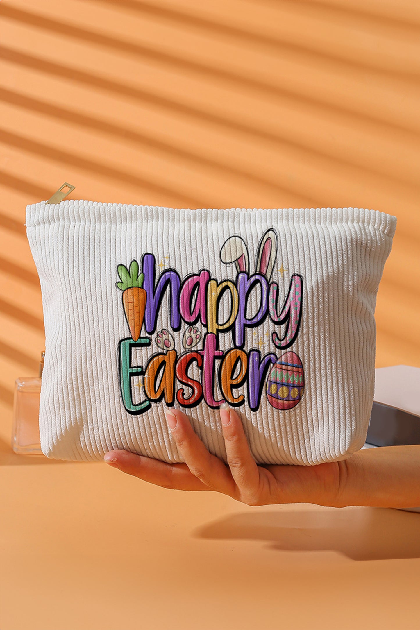 Happy Easter Corduroy Cosmetic Makeup Zipper Pouch