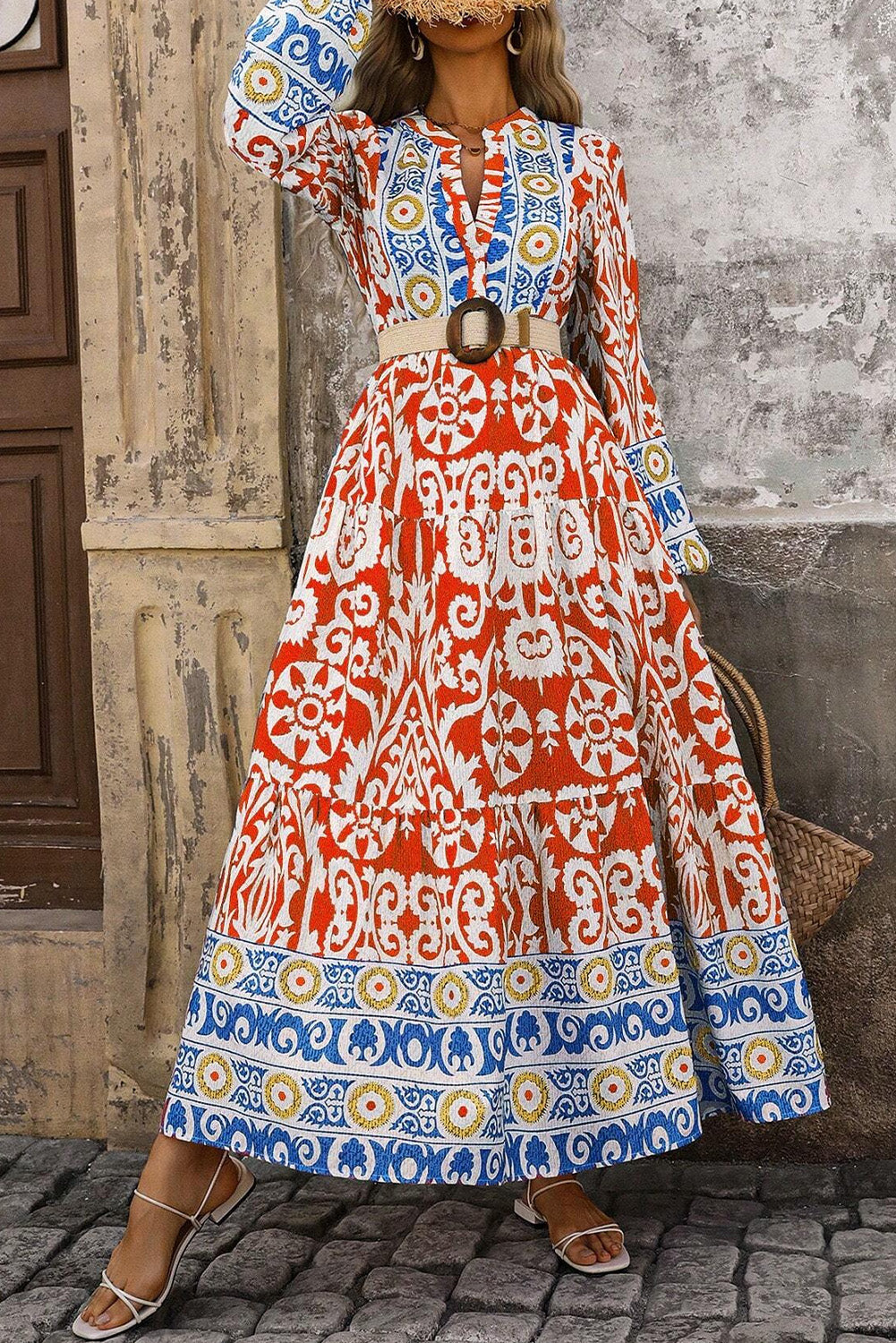 Orange Boho Geometric Printed Long Sleeve Maxi Dress