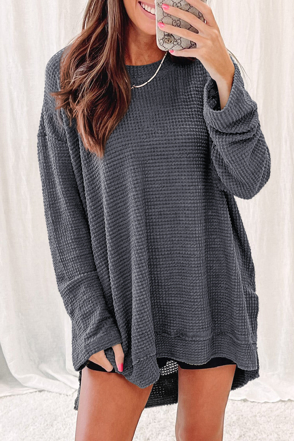 Black Waffle Knit Oversized Top with Side Slits