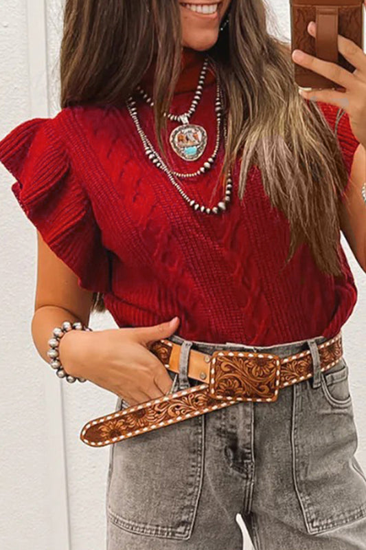 Western Cable Knit Ruffle Sleeve Turtleneck Sweater Top