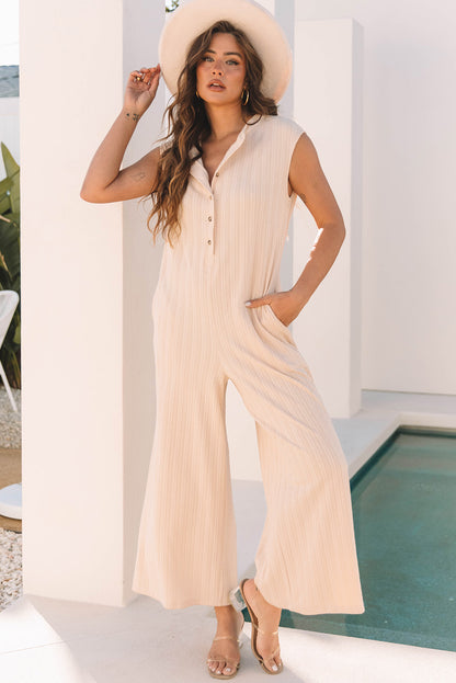 Textured Wide Leg Jumpsuit Sleeveless Button Front