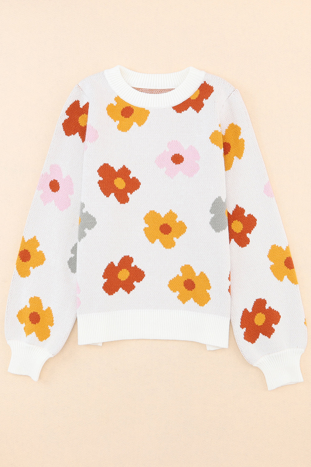 White Sweet Flower Knitted Ribbed Hem Sweater