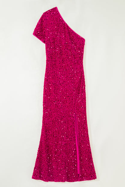 Pitaya Pink One Shoulder Sequin Gown with Slit