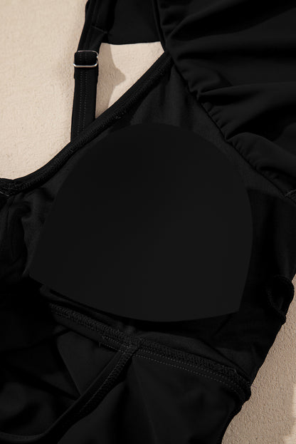 Black Ruffle Cross Front Cutout Slim Fit Tankini Set