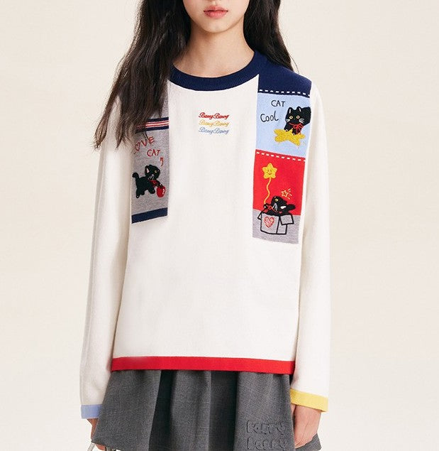 Girls' Cartoon Cat Graphic Knit Pullover Sweater