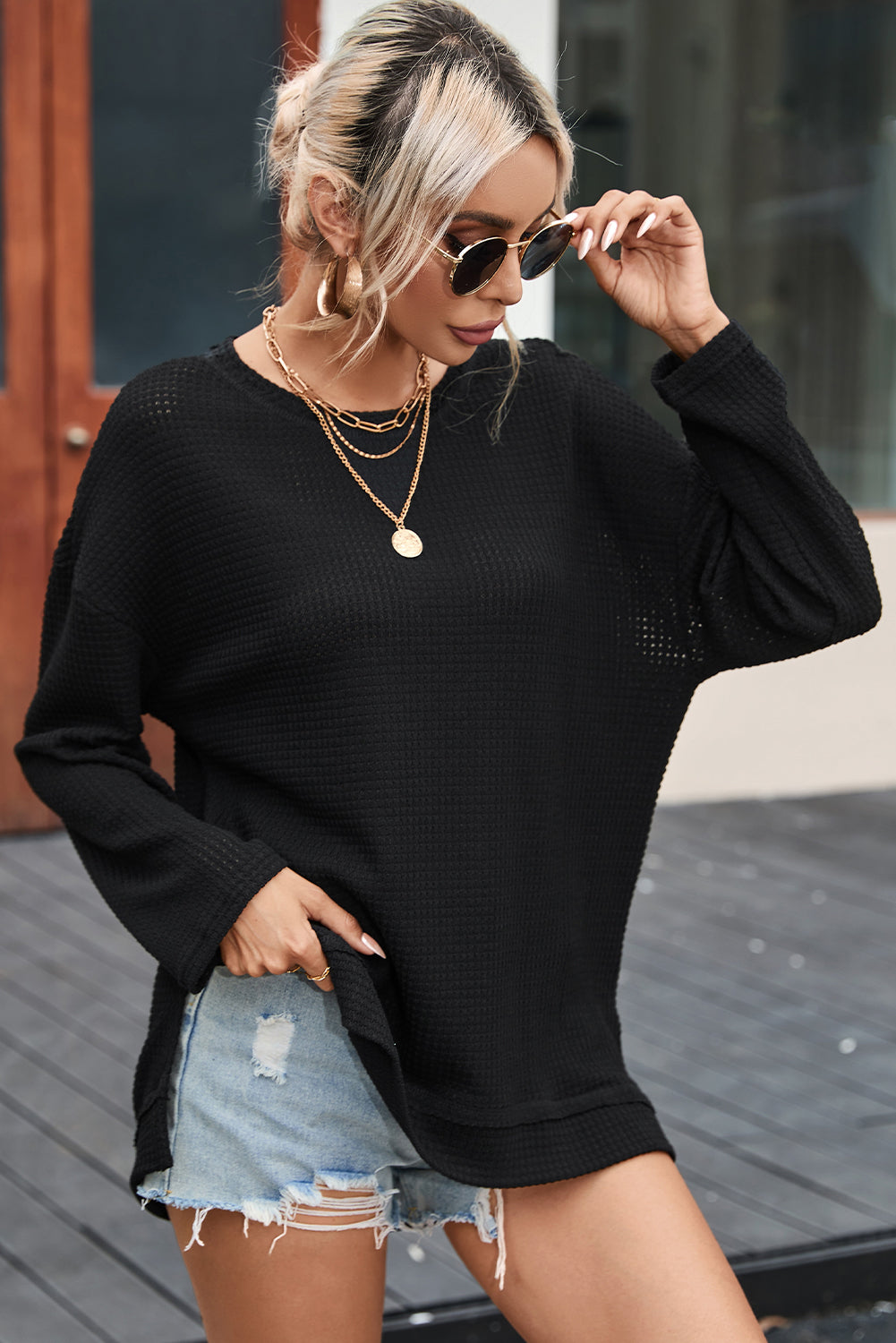 Black Waffle Knit Oversized Top with Side Slits
