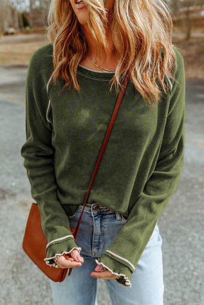 Blue Textured Round Neck Long Sleeve Top