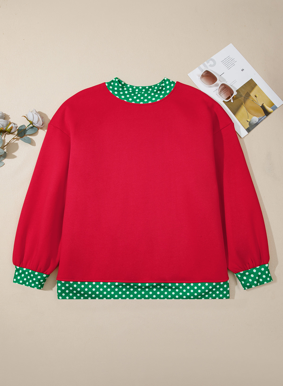 Polka Dot Trim Plus Size Crew Neck Tunic Sweatshirt