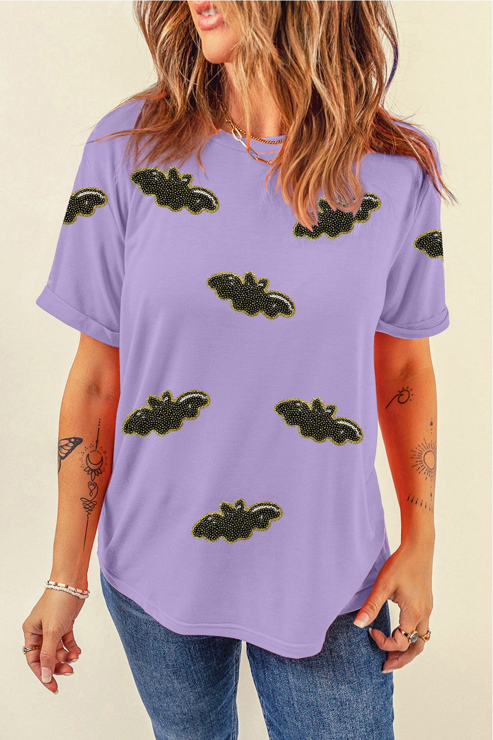 Purple Sequin Halloween Bat Graphic Casual T Shirt