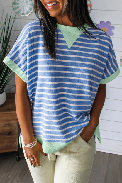 Striped Oversized T Shirt Contrast Trim Casual Top