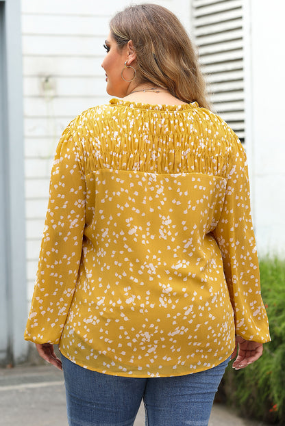 Bright Pink Plus Size Floral Print Ruched Split Neck Blouse