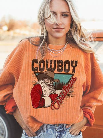 Cowboy Christmas Santa Ribbed Corduroy Oversized Sweatshirt