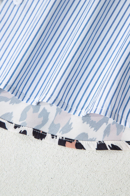 Sky Blue Striped Colorblock Leopard Patchwork Pocket Shirt