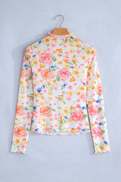 White Lettuce Trim Floral Print Sheer Mesh Long Sleeve Top