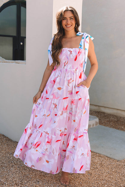 Pink Floral Smocked Maxi Dress Tie Shoulder Flowy
