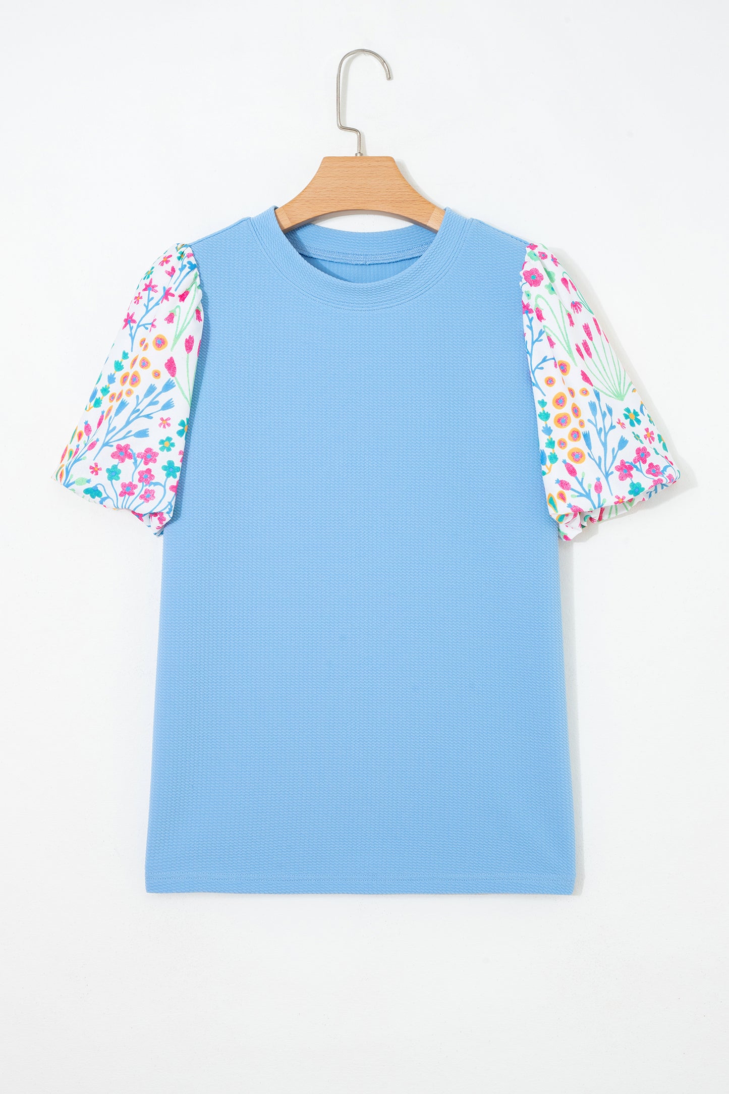 Blue Textured Floral Puff Sleeve Blouse
