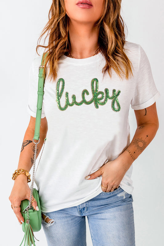 White Sequin Lucky St Patricks Day Glitter Graphic Tee