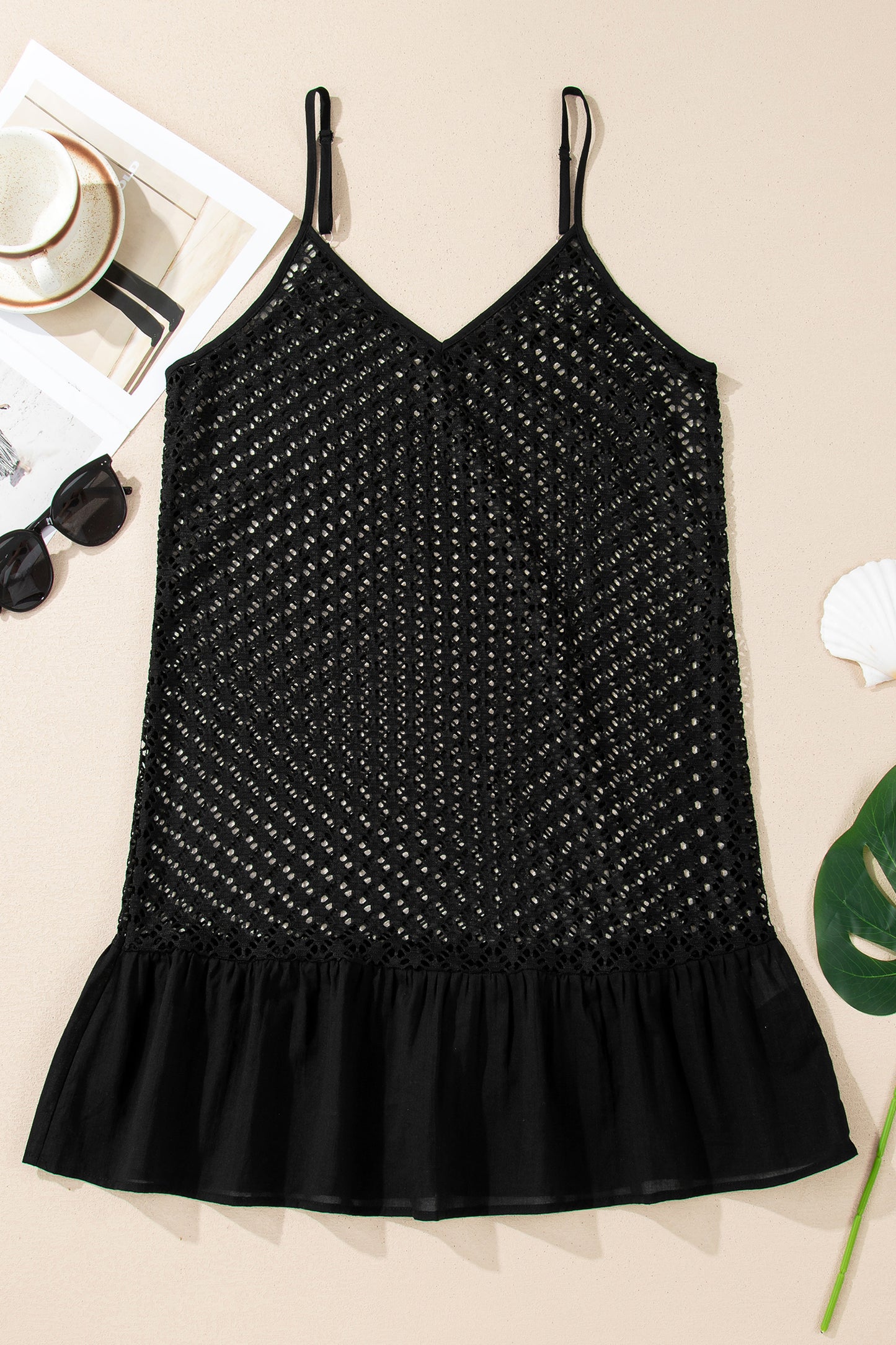 Black Sheer Knit Ruffle Hem Crochet Beach Cover Up