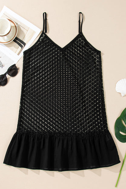 Black Sheer Knit Ruffle Hem Crochet Beach Cover Up