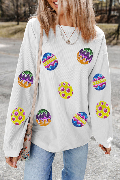 Easter Egg Sequin Corded Oversized Pullover Sweatshirt