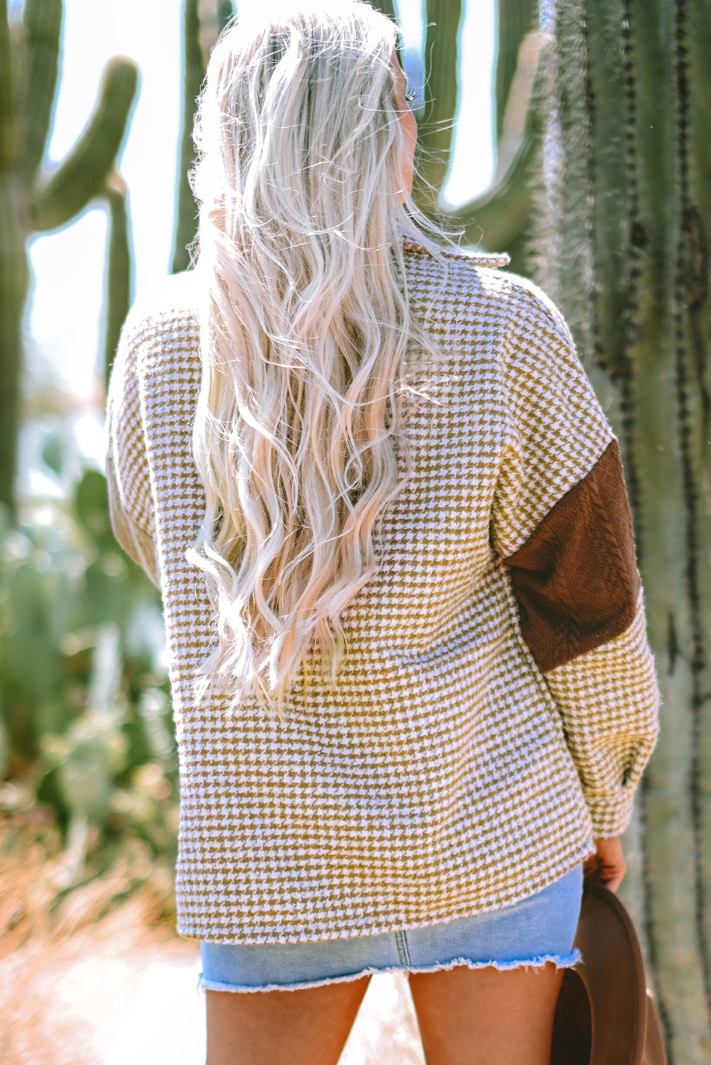 Khaki Houndstooth Color Contrast Textured Patchwork Shacket