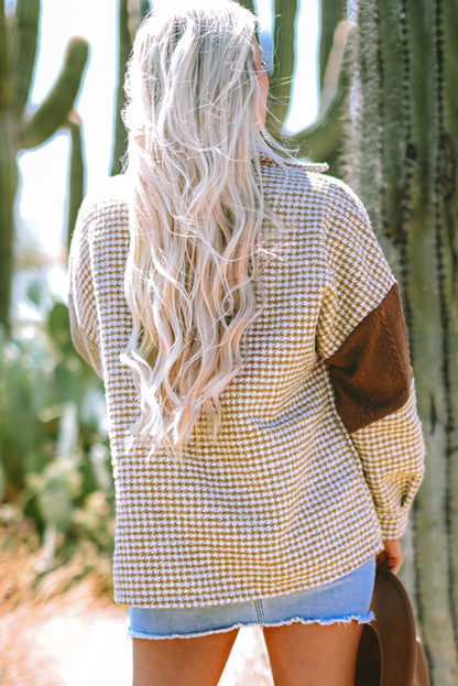 Khaki Houndstooth Color Contrast Textured Patchwork Shacket
