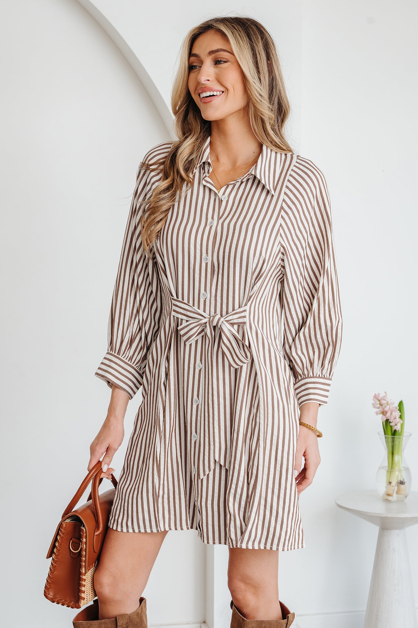 Brown Stripe Knot Waist Puff Sleeve Button Down Shirt Dress