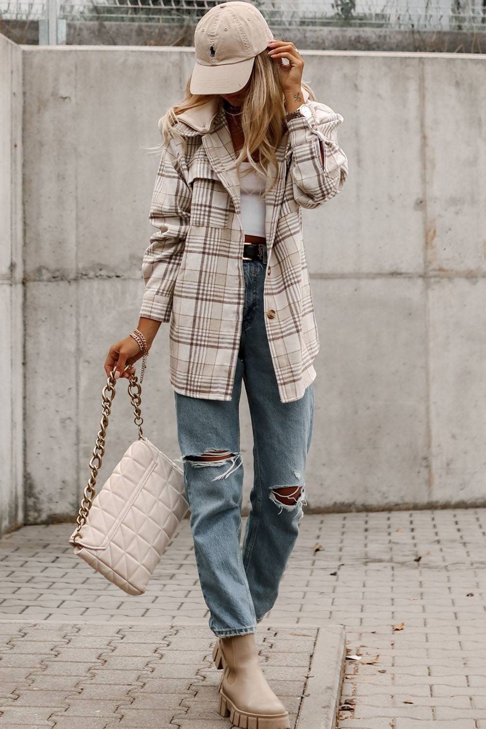 Neutral Khaki Plaid Oversized Shacket with Removable Hood