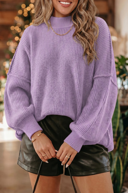 Orchid Purple Mock Neck Ribbed Knit Oversized Sweater Top