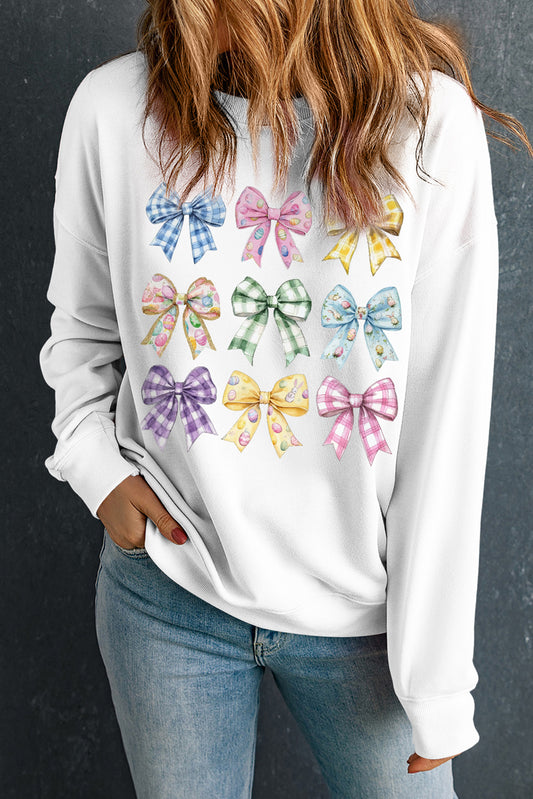 Easter Plaid Bow Graphic Casual White Pullover Sweatshirt