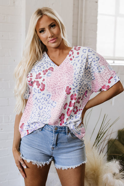 Sky Blue Mixed Leopard Print V Neck Short Sleeve Blouse