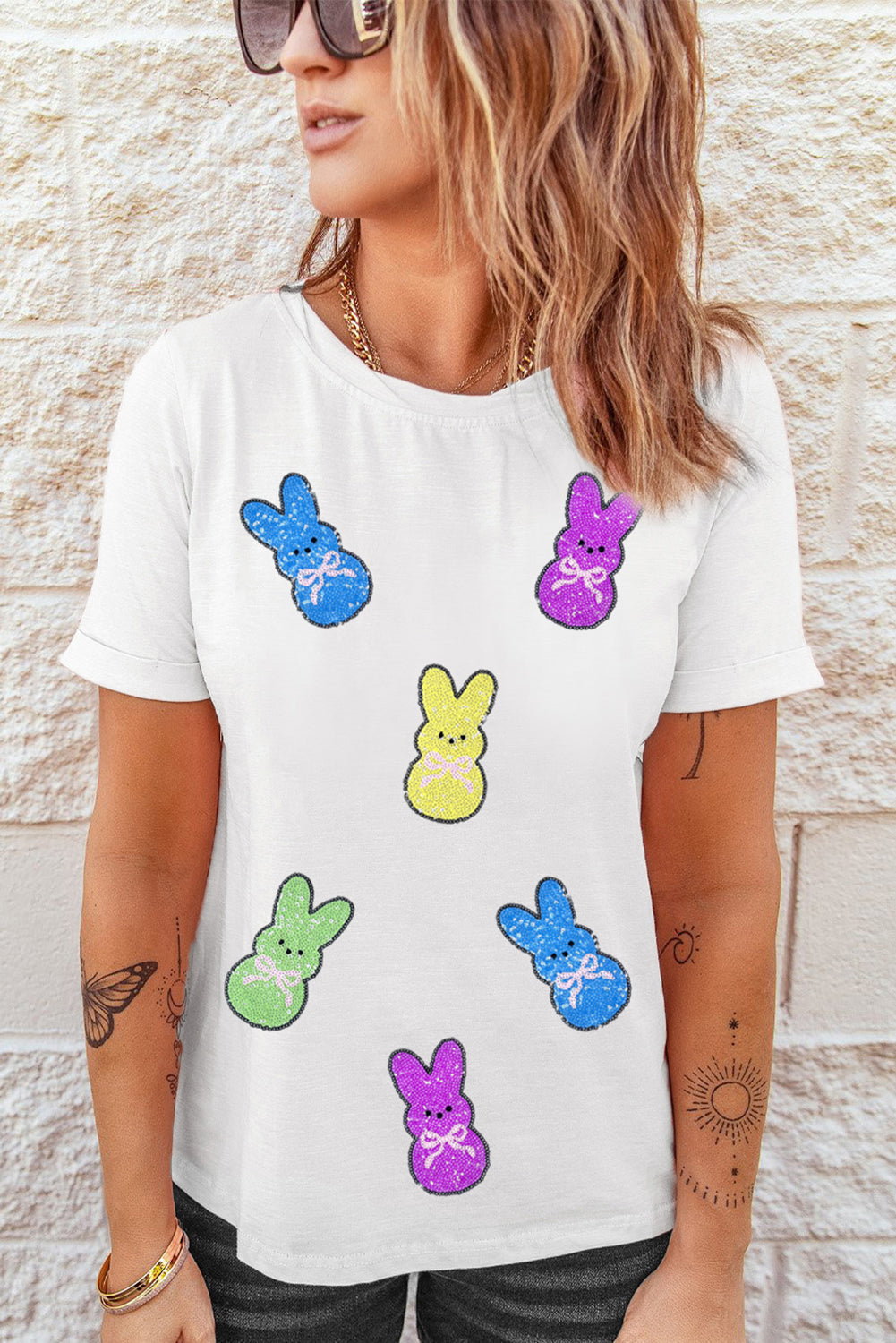 Easter Colorful Sequin Bunny Graphic White Casual Tee