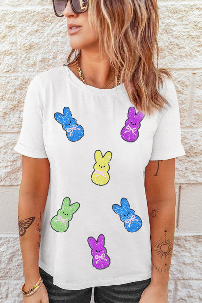 Easter Colorful Sequin Bunny Graphic White Casual Tee