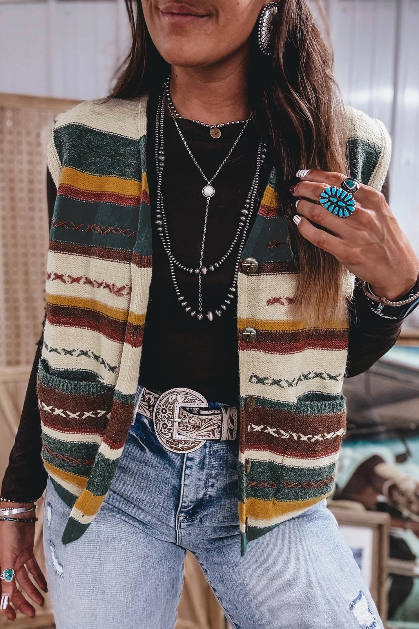Striped Knit Button Front Sweater Vest
