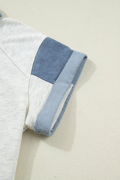 Color Block Polo Henley Button Short Sleeve Casual Top