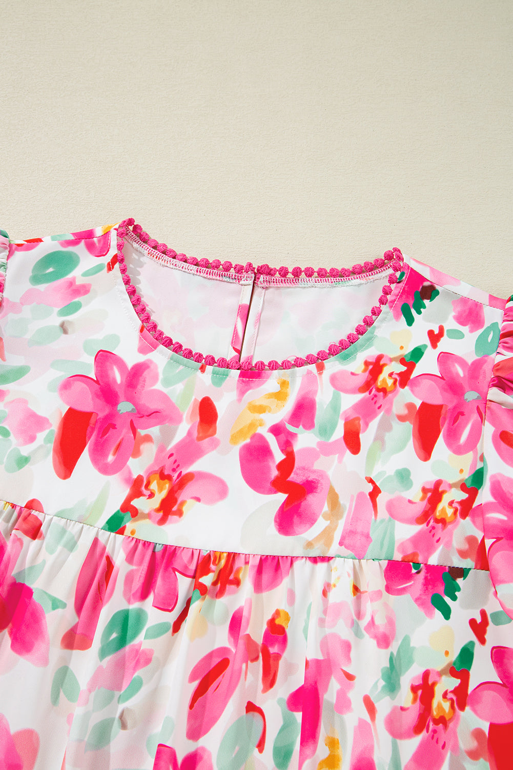 Rose Floral Flutter Sleeve Round Neck Casual Blouse