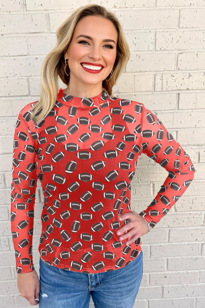 Football Print Mesh Mock Neck Game Day Long Sleeve Top