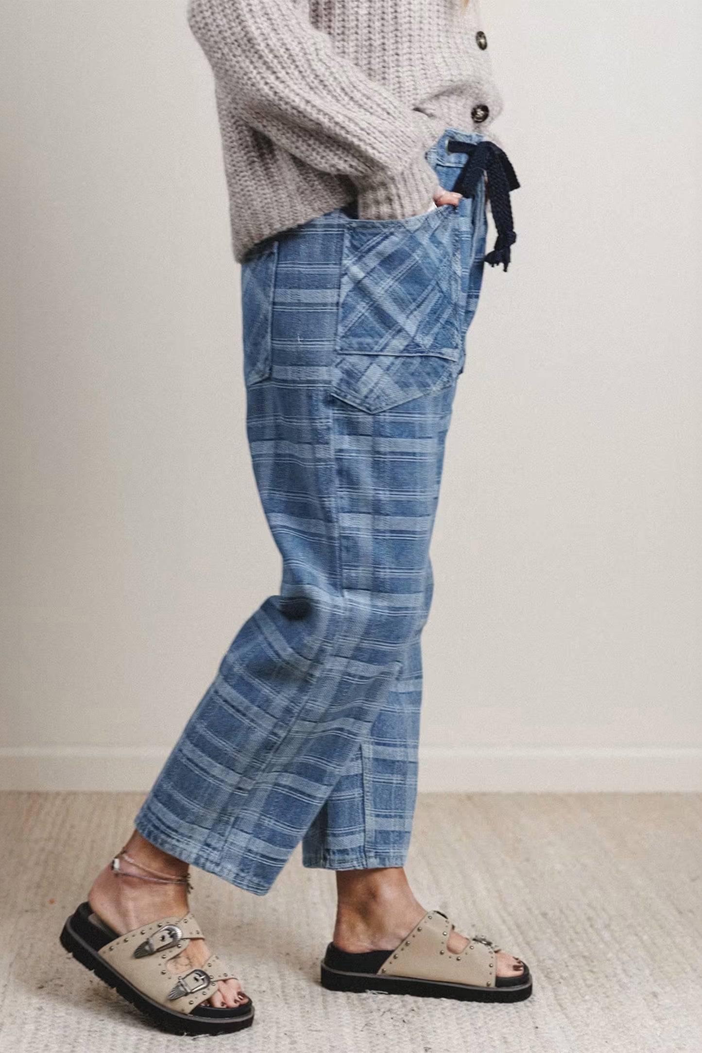 Plaid Denim Drawstring Wide Leg Utility Jeans