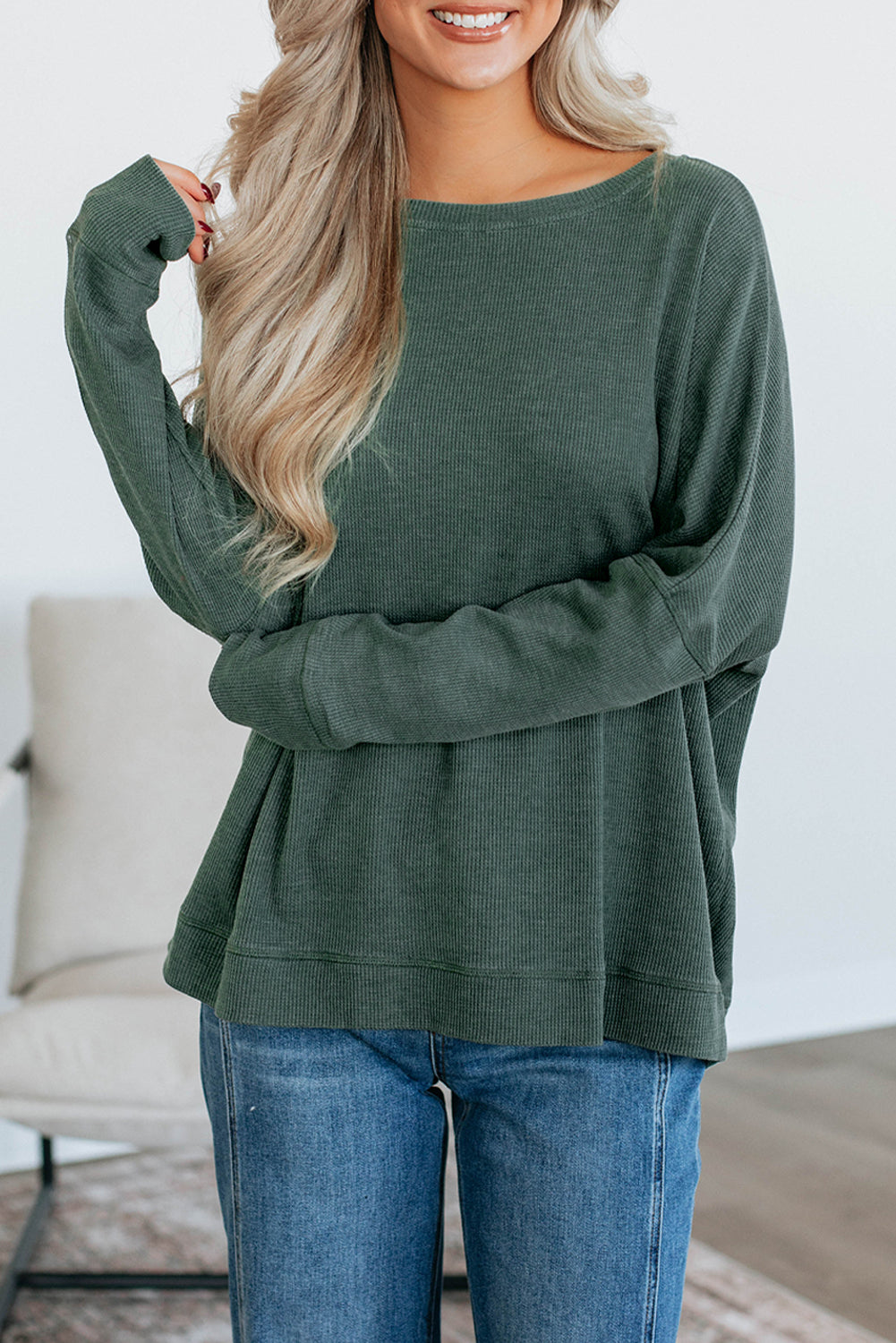 Waffle Knit Loose Long Sleeve Casual Top
