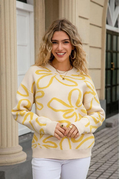 Bold Floral Crewneck Knit Sweater – Fall Street Style