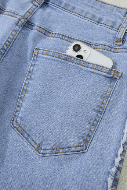 Beau Blue Contrast Stripe Patchwork Frayed Jeans